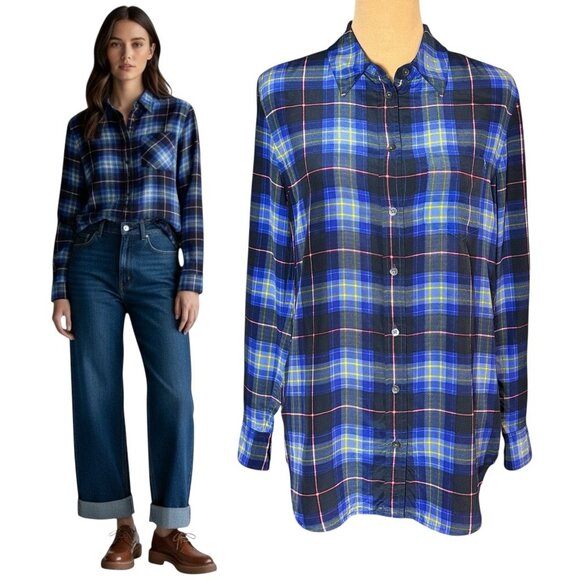 Equipment 100% Silk Plaid Shirt SZ XS Blue Oversized Preppy Academia Grunge - Picture 1 of 12